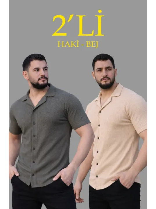 Erkek Waffle Dokuma Açık Yakalı Düğmeli Regular Kalıp 2’li Gömlek Seti - Haki & Bej