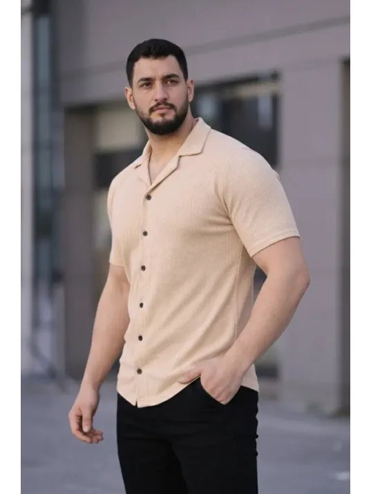 Erkek Waffle Dokuma Açık Yakalı Düğmeli Regular Kalıp 2’li Gömlek Seti - Haki & Bej