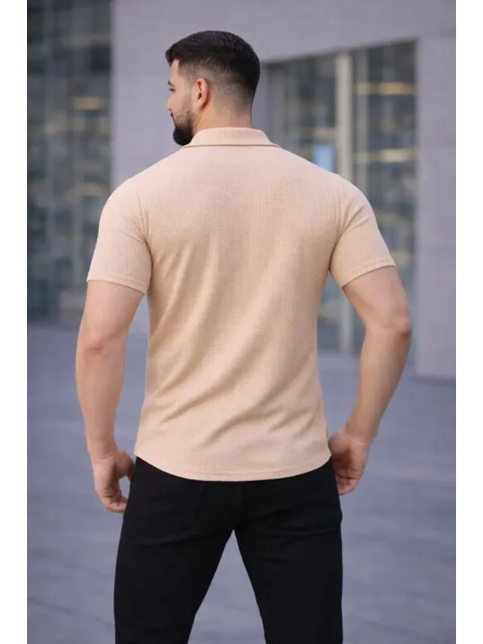 Erkek Waffle Dokuma Açık Yakalı Düğmeli Regular Kalıp 2’li Gömlek Seti - Haki & Bej