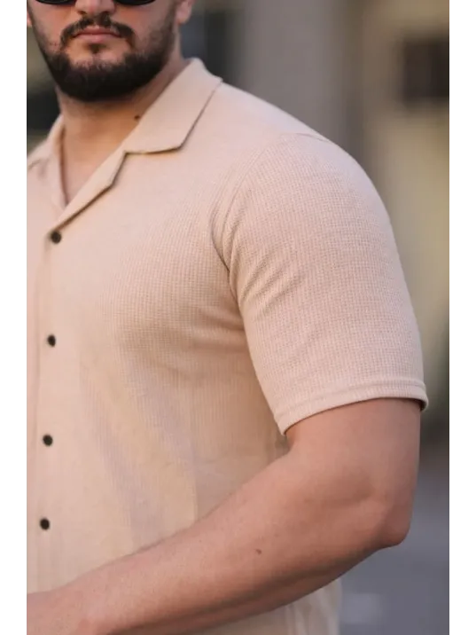 Erkek Waffle Dokuma Açık Yakalı Düğmeli Regular Kalıp 2’li Gömlek Seti - Haki & Bej