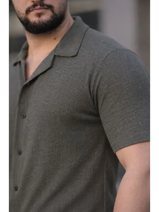 Erkek Waffle Dokuma Açık Yakalı Düğmeli Regular Kalıp 2’li Gömlek Seti - Haki & Bej