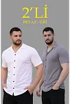 Erkek Waffle Dokuma Açık Yakalı Düğmeli Regular Kalıp 2’li Gömlek Seti - Beyaz & Gri