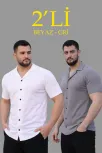 Erkek Waffle Dokuma Açık Yakalı Düğmeli Regular Kalıp 2’li Gömlek Seti - Beyaz & Gri