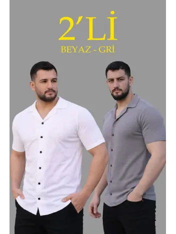Erkek Waffle Dokuma Açık Yakalı Düğmeli Regular Kalıp 2’li Gömlek Seti - Beyaz & Gri
