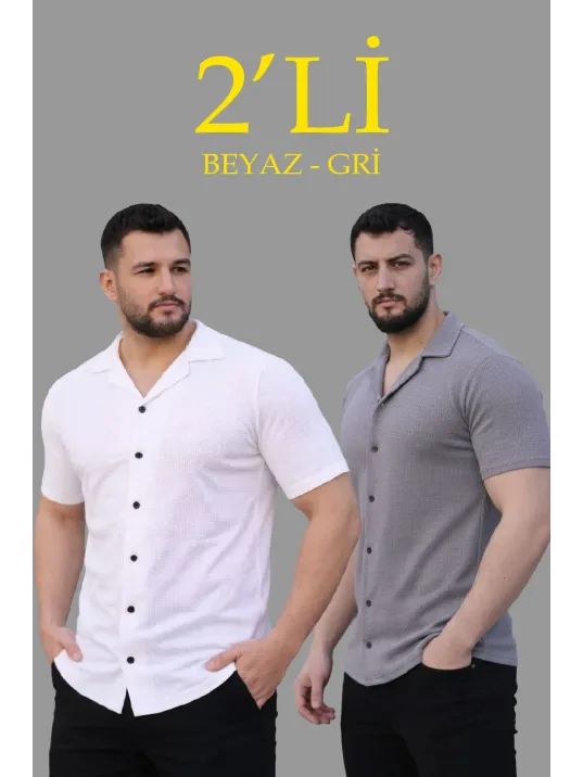 Erkek Waffle Dokuma Açık Yakalı Düğmeli Regular Kalıp 2’li Gömlek Seti - Beyaz & Gri
