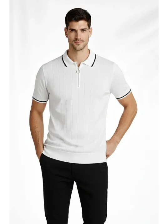 Erkek 2’li Paket Dokuma Triko Fermuarlı Yakalı Fitilli Kısa Kollu Regular Fit Tişört - Beyaz & Siyah Erkek 2’li Paket Dokuma Triko Fermuarlı Yakalı Fitilli Kısa Kollu Regular Fit Tişört - Beyaz & Siyah