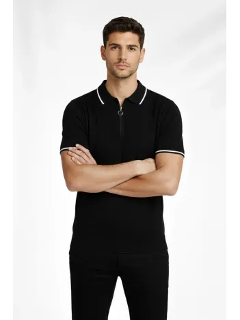 Erkek 2’li Paket Dokuma Triko Fermuarlı Yakalı Fitilli Kısa Kollu Regular Fit Tişört - Haki & Siyah Erkek 2’li Paket Dokuma Triko Fermuarlı Yakalı Fitilli Kısa Kollu Regular Fit Tişört - Haki & Siyah