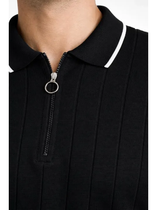 Erkek 2’li Paket Dokuma Triko  Fermuarlı Yakalı Fitilli Kısa Kollu Regular Fit Tişört - Bej & Siyah