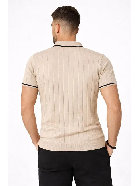 Erkek 2’li Paket Dokuma Triko  Fermuarlı Yakalı Fitilli Kısa Kollu Regular Fit Tişört - Bej & Siyah