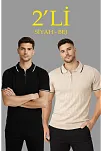 Erkek 2’li Paket Dokuma Triko  Fermuarlı Yakalı Fitilli Kısa Kollu Regular Fit Tişört - Bej & Siyah