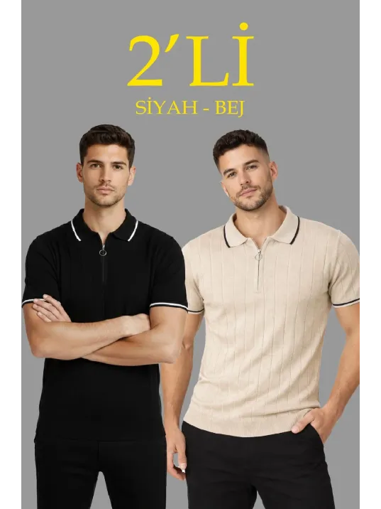Erkek 2’li Paket Dokuma Triko  Fermuarlı Yakalı Fitilli Kısa Kollu Regular Fit Tişört - Bej & Siyah