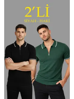 Erkek 2’li Paket Dokuma Triko  Fermuarlı Yakalı Fitilli Kısa Kollu Regular Fit Tişört - Haki & Siyah