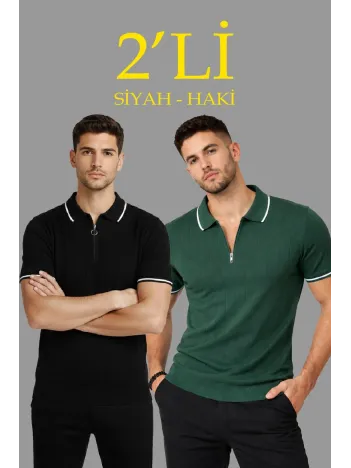 Erkek 2’li Paket Dokuma Triko  Fermuarlı Yakalı Fitilli Kısa Kollu Regular Fit Tişört - Haki & Siyah