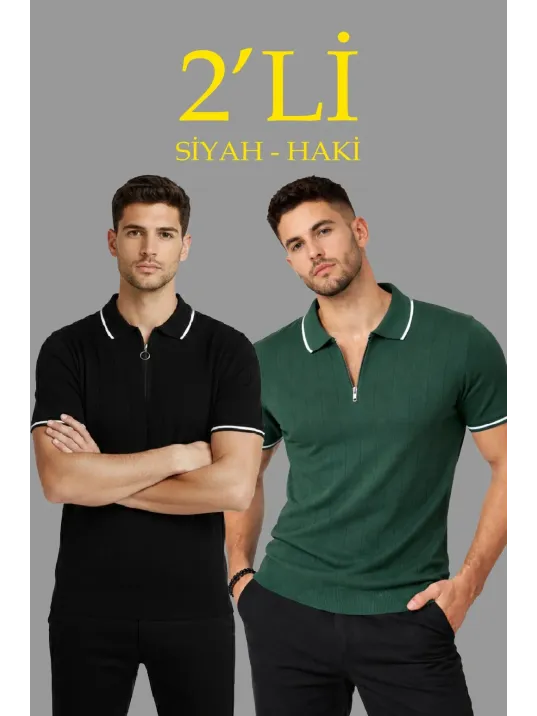 Erkek 2’li Paket Dokuma Triko Fermuarlı Yakalı Fitilli Kısa Kollu Regular Fit Tişört - Haki & Siyah Erkek 2’li Paket Dokuma Triko Fermuarlı Yakalı Fitilli Kısa Kollu Regular Fit Tişört - Haki & Siyah