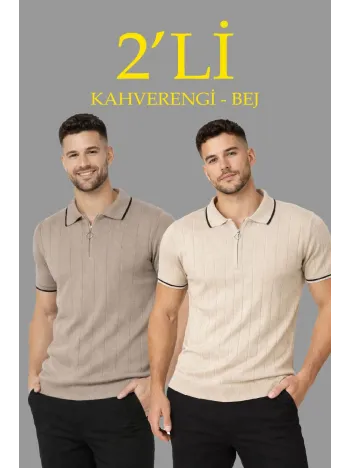 Erkek 2’li Paket Dokuma Triko  Fermuarlı Yakalı Fitilli Kısa Kollu Regular Fit Tişört - Bej & Kahverengi