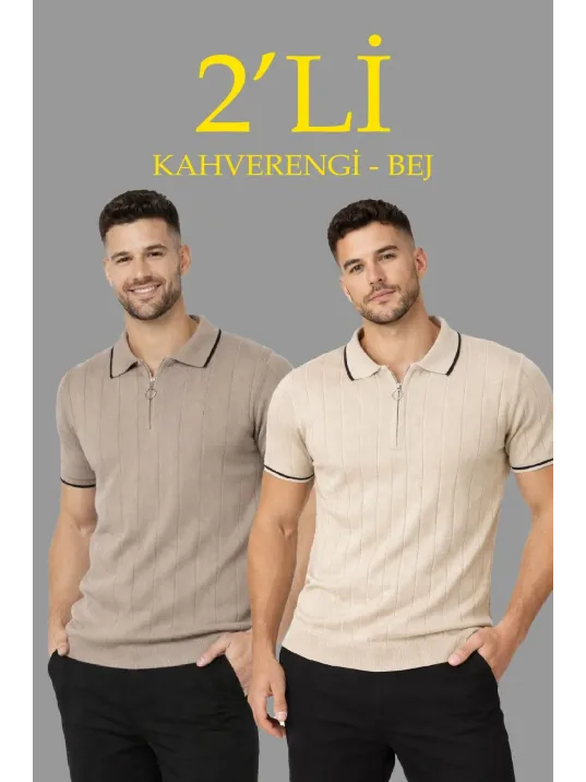 Erkek 2’li Paket Dokuma Triko Fermuarlı Yakalı Fitilli Kısa Kollu Regular Fit Tişört - Bej & Kahverengi Erkek 2’li Paket Dokuma Triko Fermuarlı Yakalı Fitilli Kısa Kollu Regular Fit Tişört - Bej & Kahverengi