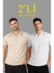Erkek 2’li Paket Dokuma Triko  Fermuarlı Yakalı Fitilli Kısa Kollu Regular Fit Tişört - Bej & Beyaz