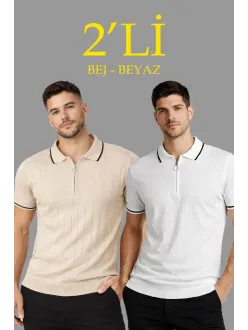 Erkek 2’li Paket Dokuma Triko  Fermuarlı Yakalı Fitilli Kısa Kollu Regular Fit Tişört - Bej & Beyaz