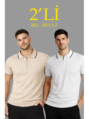 Erkek 2’li Paket Dokuma Triko  Fermuarlı Yakalı Fitilli Kısa Kollu Regular Fit Tişört - Bej & Beyaz