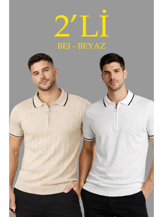 Erkek 2’li Paket Dokuma Triko  Fermuarlı Yakalı Fitilli Kısa Kollu Regular Fit Tişört - Bej & Beyaz
