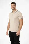 Erkek 2’li Paket Dokuma Triko  Fermuarlı Yakalı Fitilli Kısa Kollu Regular Fit Tişört - Bej & Beyaz