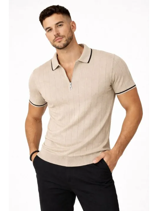 Erkek 2’li Paket Dokuma Triko  Fermuarlı Yakalı Fitilli Kısa Kollu Regular Fit Tişört - Bej & Beyaz