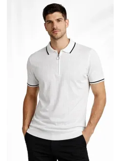 Erkek 2’li Paket Dokuma Triko Fermuarlı Yakalı Fitilli Kısa Kollu Regular Fit Tişört - Bej & Beyaz Erkek 2’li Paket Dokuma Triko Fermuarlı Yakalı Fitilli Kısa Kollu Regular Fit Tişört - Bej & Beyaz