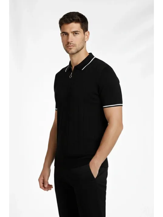 Erkek 3’lü Paket Dokuma Triko  Fermuarlı Yakalı Fitilli Kısa Kollu Regular Fit Tişört - Bej, Beyaz, Siyah