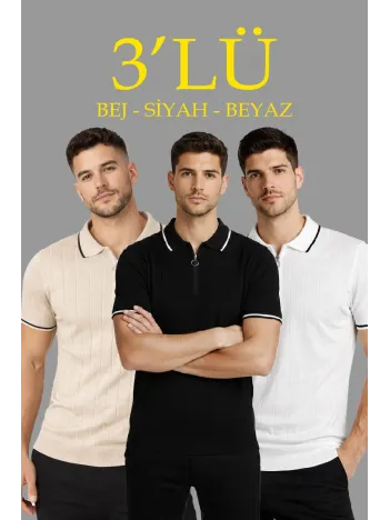 Erkek 3’lü Paket Dokuma Triko  Fermuarlı Yakalı Fitilli Kısa Kollu Regular Fit Tişört - Bej, Beyaz, Siyah
