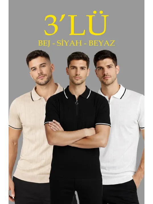 Erkek 3’lü Paket Dokuma Triko  Fermuarlı Yakalı Fitilli Kısa Kollu Regular Fit Tişört - Bej, Beyaz, Siyah