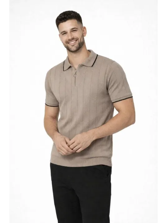 Erkek 3’lü Paket Dokuma Triko  Fermuarlı Yakalı Fitilli Kısa Kollu Regular Fit Tişört - Kahverengi, Beyaz, Siyah