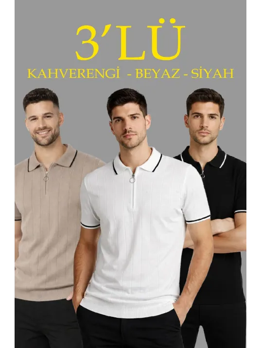 Erkek 3’lü Paket Dokuma Triko  Fermuarlı Yakalı Fitilli Kısa Kollu Regular Fit Tişört - Kahverengi, Beyaz, Siyah