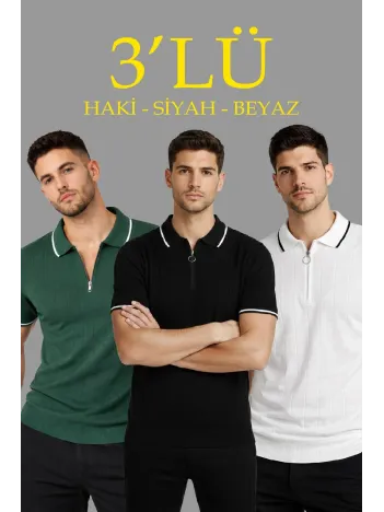 Erkek 3’lü Paket Dokuma Triko  Fermuarlı Yakalı Fitilli Kısa Kollu Regular Fit Tişört - Beyaz, Haki, Siyah