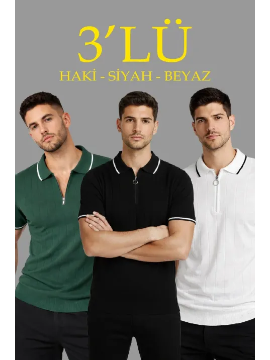 Erkek 3’lü Paket Dokuma Triko  Fermuarlı Yakalı Fitilli Kısa Kollu Regular Fit Tişört - Beyaz, Haki, Siyah