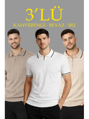 Erkek 3’lü Paket Dokuma Triko  Fermuarlı Yakalı Fitilli Kısa Kollu Regular Fit Tişört - Kahverengi, Beyaz, Bej