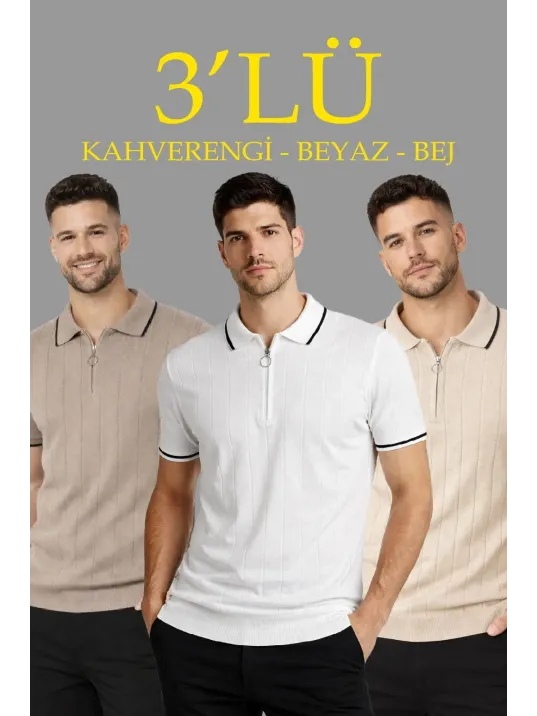 Erkek 3’lü Paket Dokuma Triko  Fermuarlı Yakalı Fitilli Kısa Kollu Regular Fit Tişört - Kahverengi, Beyaz, Bej