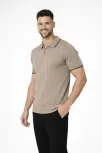 Erkek 3’lü Paket Dokuma Triko  Fermuarlı Yakalı Fitilli Kısa Kollu Regular Fit Tişört - Kahverengi, Beyaz, Bej