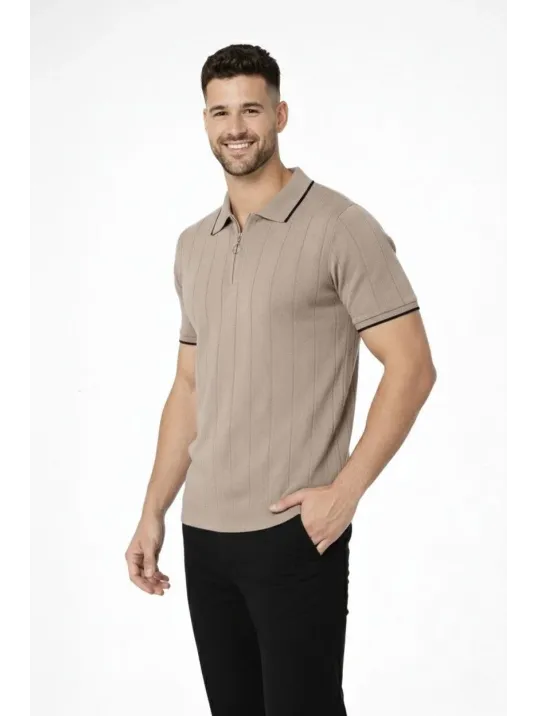 Erkek 3’lü Paket Dokuma Triko  Fermuarlı Yakalı Fitilli Kısa Kollu Regular Fit Tişört - Kahverengi, Beyaz, Bej