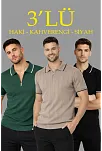 Erkek 3’lü Paket Dokuma Triko  Fermuarlı Yakalı Fitilli Kısa Kollu Regular Fit Tişört - Kahverengi, Haki, Siyah