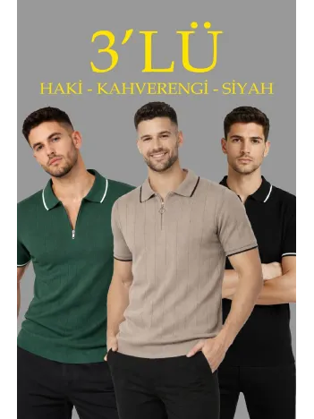 Erkek 3’lü Paket Dokuma Triko  Fermuarlı Yakalı Fitilli Kısa Kollu Regular Fit Tişört - Kahverengi, Haki, Siyah