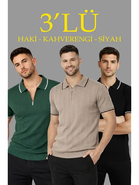 Erkek 3’lü Paket Dokuma Triko  Fermuarlı Yakalı Fitilli Kısa Kollu Regular Fit Tişört - Kahverengi, Haki, Siyah