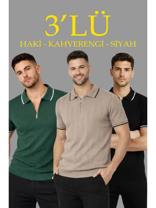 Erkek 3’lü Paket Dokuma Triko  Fermuarlı Yakalı Fitilli Kısa Kollu Regular Fit Tişört - Kahverengi, Haki, Siyah