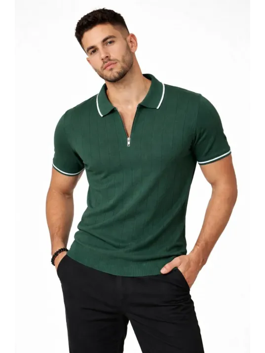 Erkek 3’lü Paket Dokuma Triko  Fermuarlı Yakalı Fitilli Kısa Kollu Regular Fit Tişört - Kahverengi, Haki, Siyah