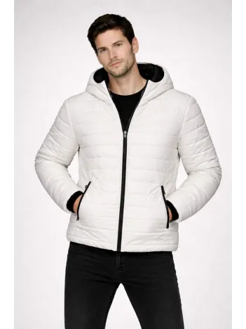 Erkek Şişme Kapüşonlu Fermuarlı Mont Su İtici Kapitone Astarlı Kumaş Cepli Kışlık Rahat Kalıp - Krem