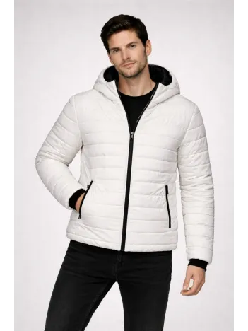 Erkek Şişme Kapüşonlu Fermuarlı Mont Su İtici Kapitone Astarlı Kumaş Cepli Kışlık Rahat Kalıp - Krem