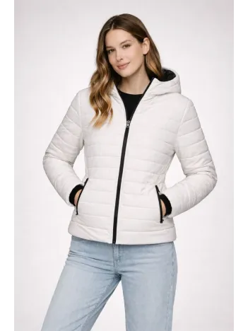 Kadın Şişme Kapüşonlu Fermuarlı Mont Su İtici Kapitone Astarlı Kumaş Cepli Kışlık Rahat Kalıp - Krem