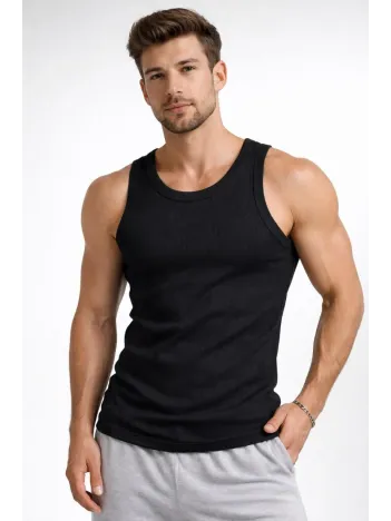 Erkek Fitilli Atlet Sıfır Yaka Slim Fit Arka Baskılı Spor Atlet - Siyah