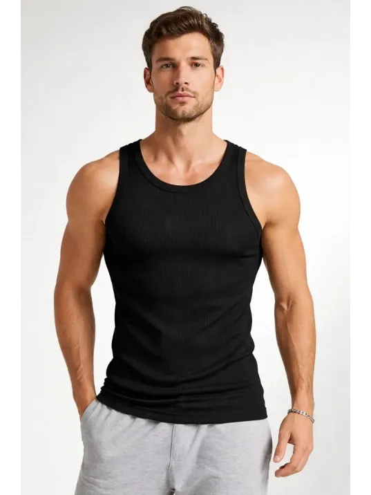 Erkek Fitilli Atlet Sıfır Yaka Slim Fit Arka Baskılı Spor Atlet - Siyah