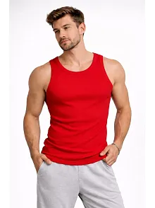 Erkek Fitilli Atlet Sıfır Yaka Slim Fit Arka Baskılı Spor Atlet - Kırmızı