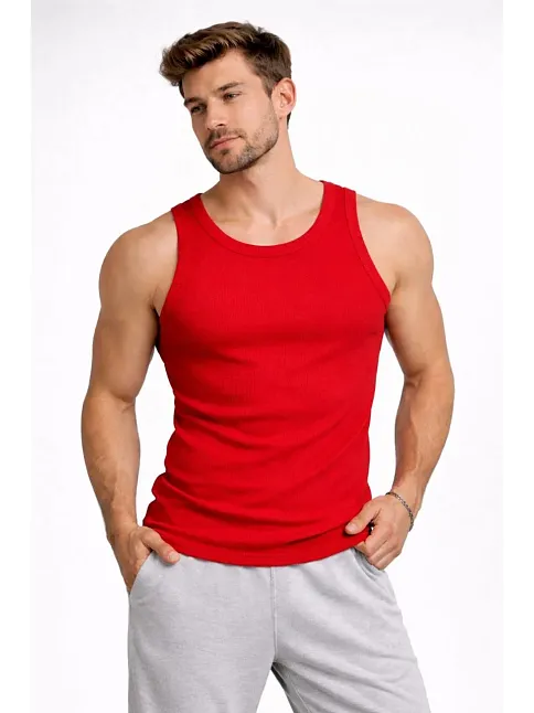 Erkek Fitilli Atlet Sıfır Yaka Slim Fit Arka Baskılı Spor Atlet - Kırmızı